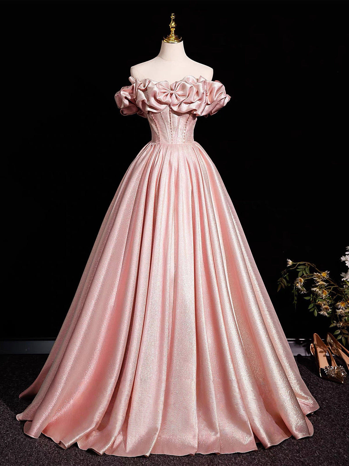 A-Line Off Shoulder Satin Floor Length Pink Long Prom Dress With Beads