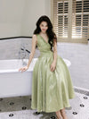 A-Line V Neck Tea Length Green Prom Dress, Green Long Party Dress