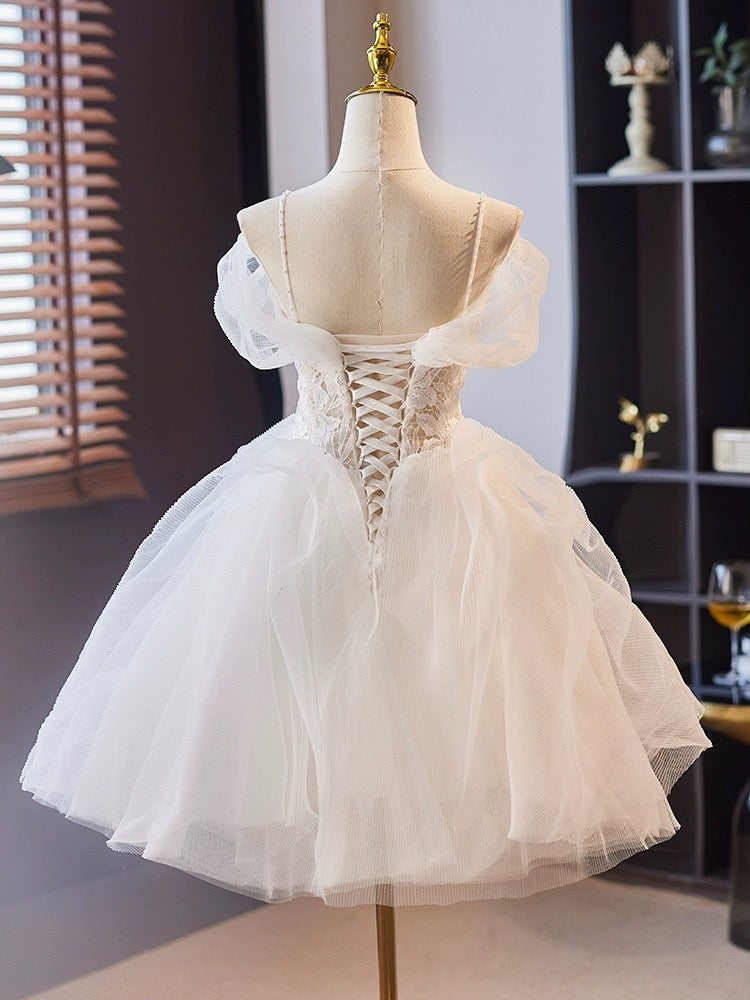 Off Shoulder Sweetheart Neck Tulle Lace White Short Prom Dress