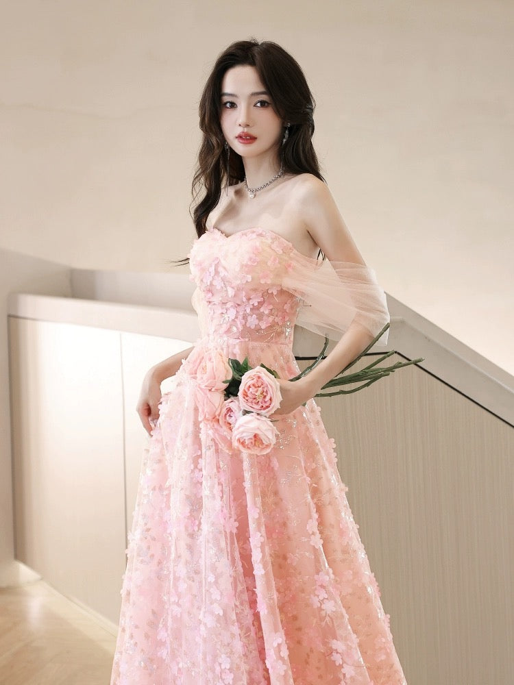 A-Line Off Shoulder Pink Long Prom Dress, Pink Long Graduation Dress US 10 / Pink