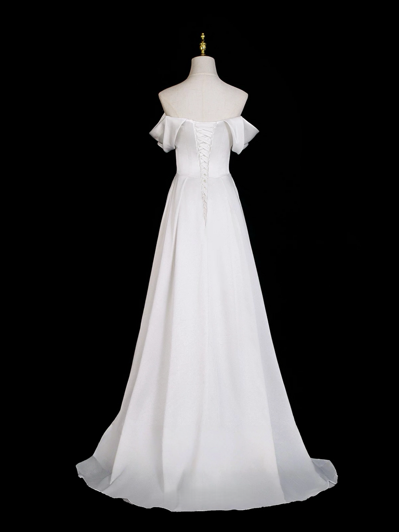 A-Line Off Shoulder Satin White Long Prom Dress, White Long Formal Dress