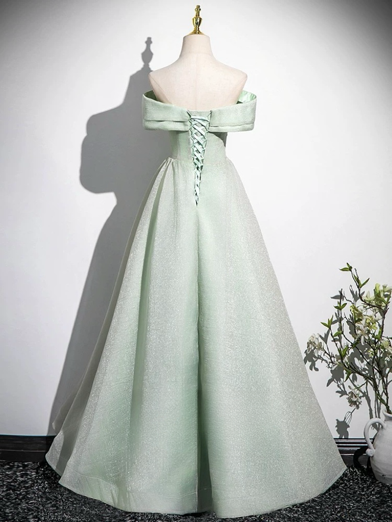 A-Line Off Shoulder Tulle Green Long Prom Dress, Green Long Formal Dress