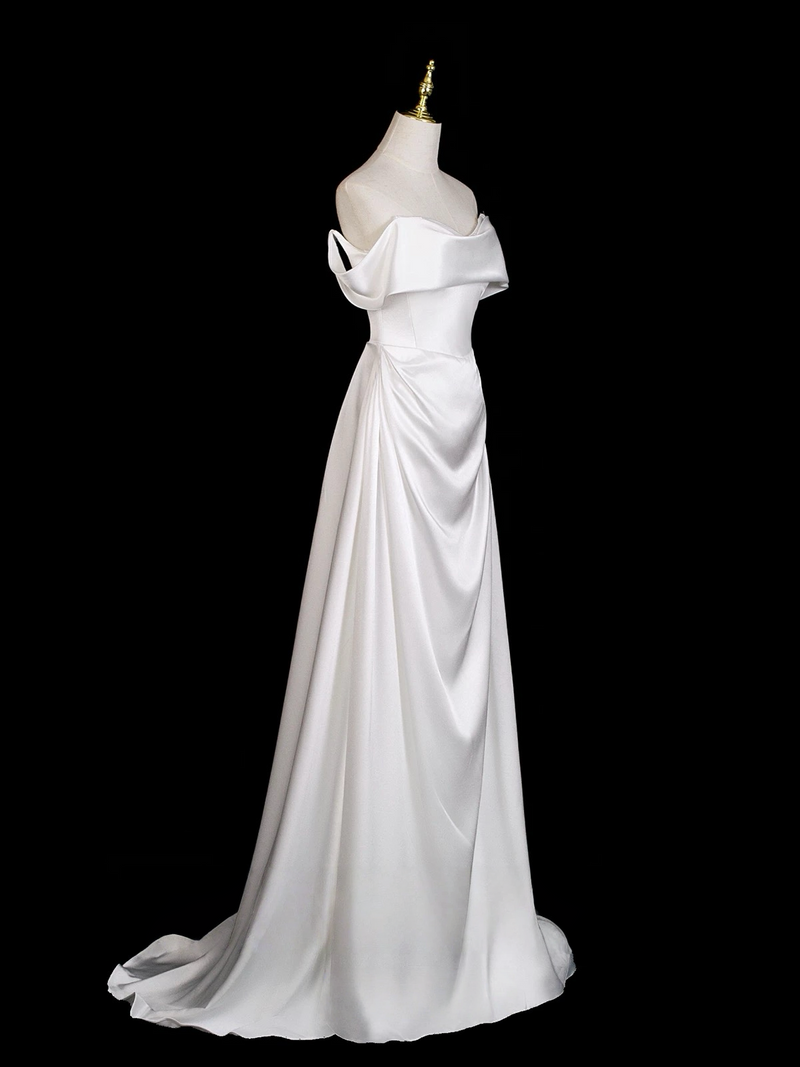A-Line Off Shoulder Satin White Long Prom Dress, White Long Formal Dress