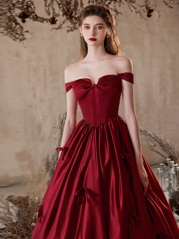 A-Line Off Shoulder Satin Burgundy Long Prom Dress, Burgundy Formal Dress US 16 / Burgundy A-Line Off Shoulder Satin Burgundy Long Prom Dress, Burgundy Formal Dress US 16 / Burgundy