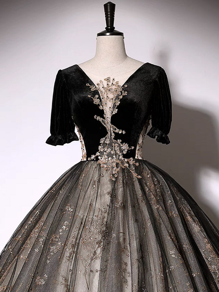 Black A-Line Tulle Lace Long Prom Dress, Black Lace Formal Dress