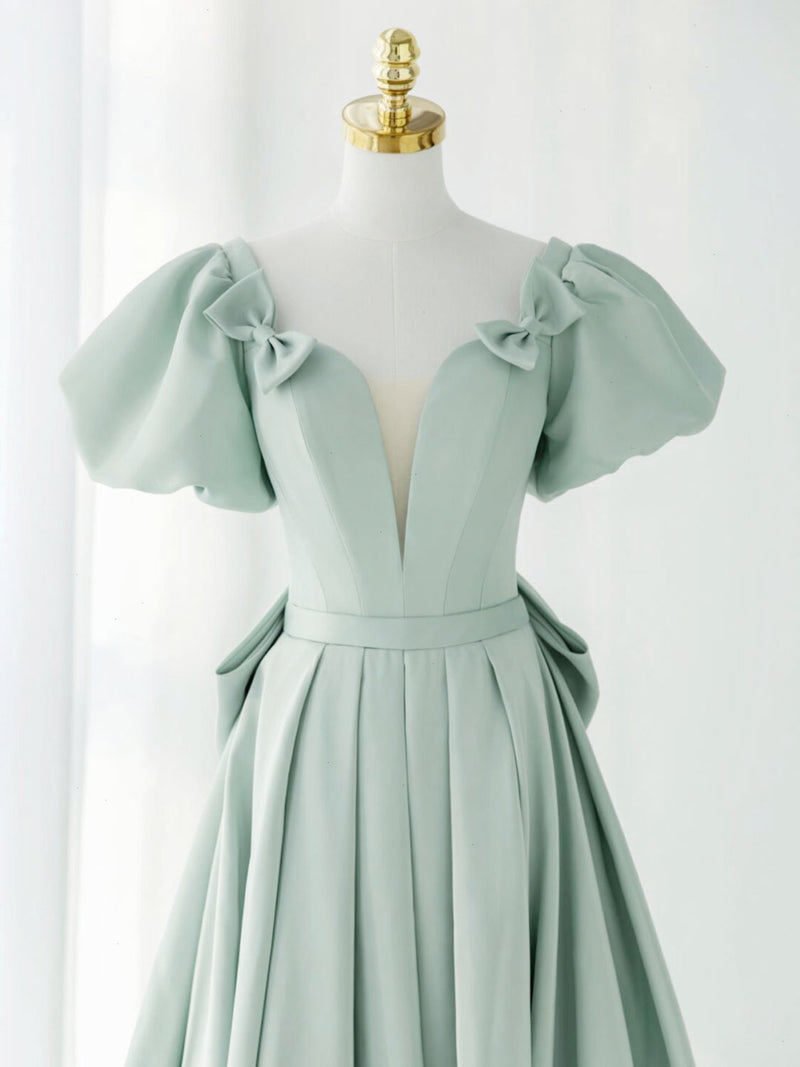 A-Line Green Puffy Sleeve Short Prom Dress, Green Formal Dress
