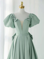 A-Line Puff Sleeves Green Long Prom Dress, Green Formal Dress