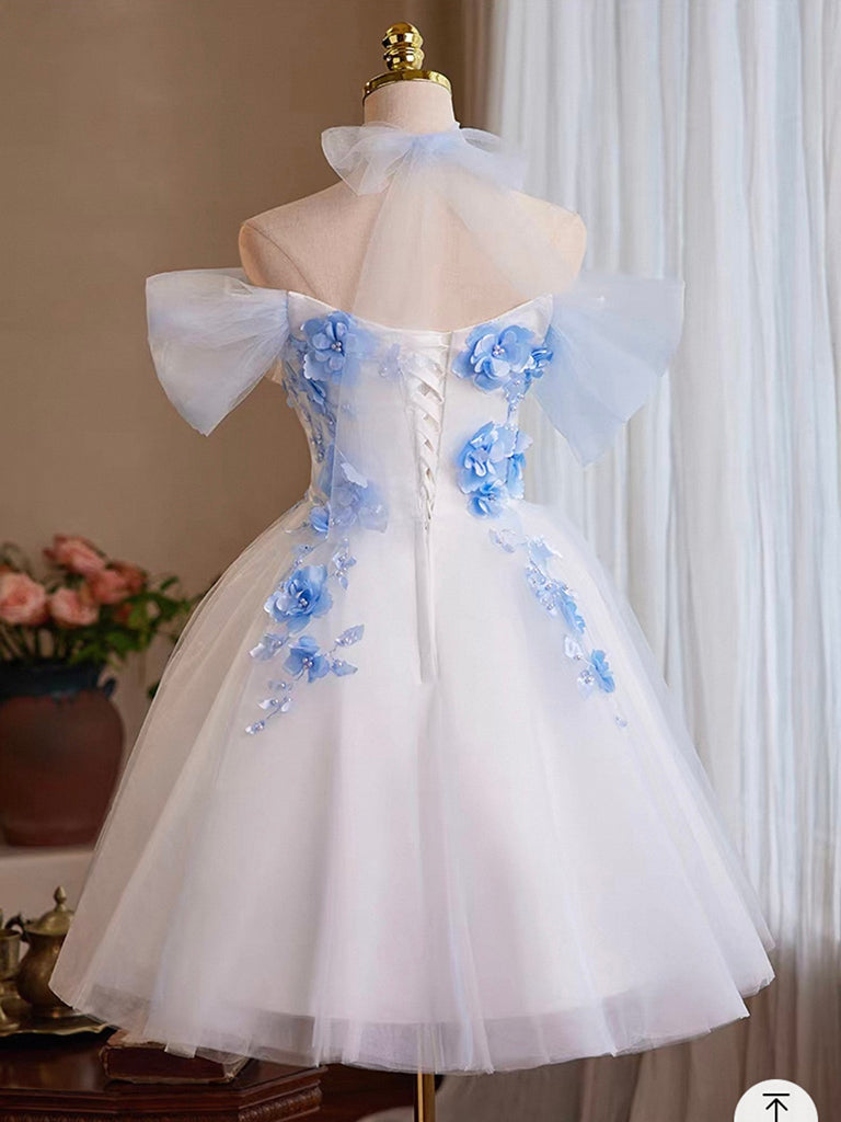 A-Line Tulle Flower White Short Prom Dress, White Homecoming Dress US 2 / White