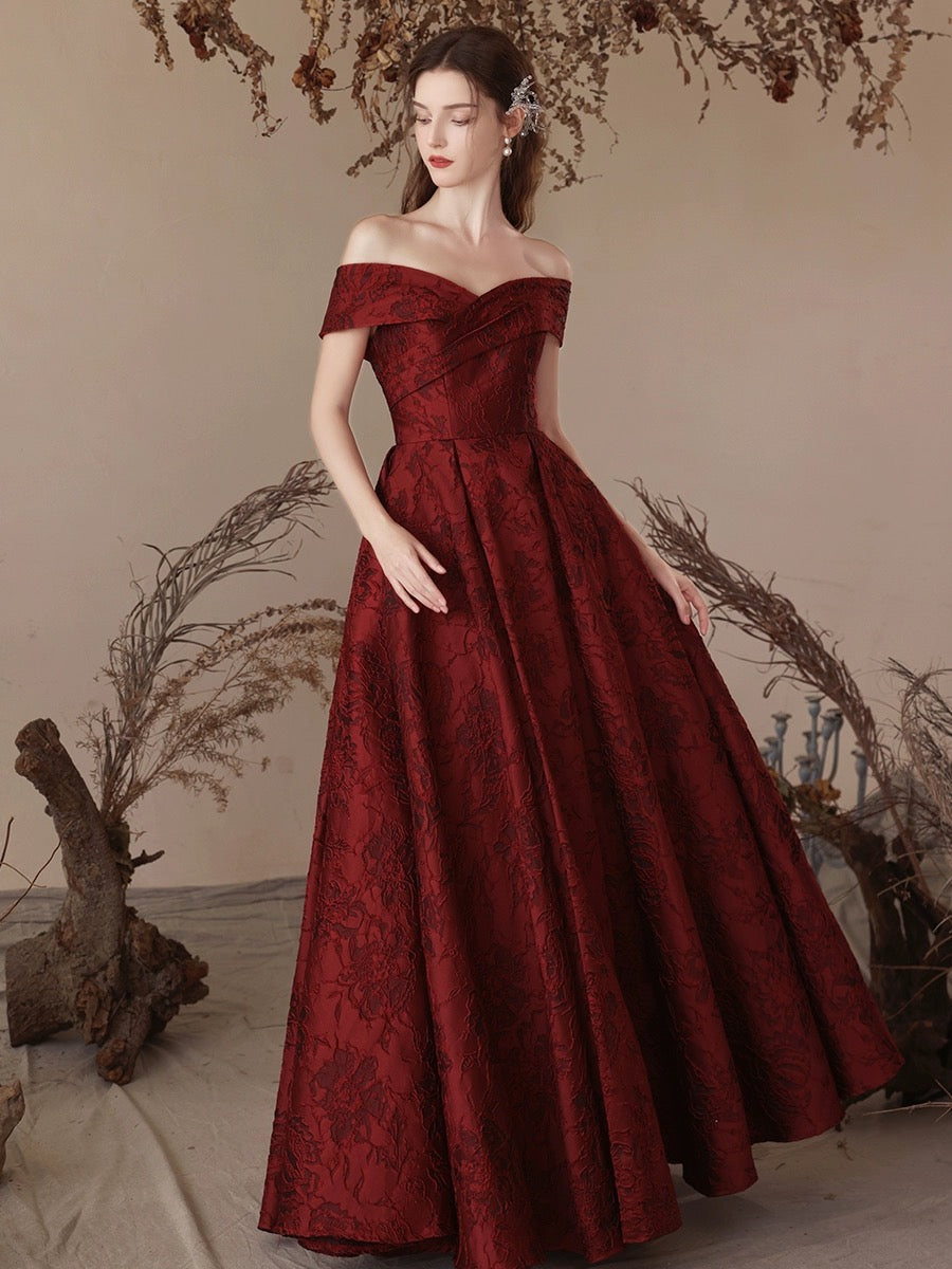 A-Line Off Shoulder Satin Burgundy Long Prom Dress, Burgundy Long Formal Dress