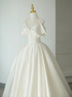 A-Line V Neck Satin ivory Long Prom Dress, ivory Long Formal Dress