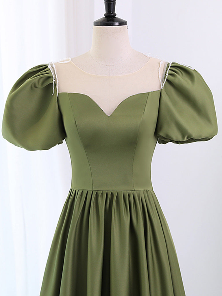 A-Line Scoop Neckline Puff Sleeves Satin Long Green Prom Dress, Green Formal Dress