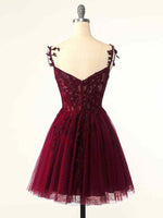 Burgundy A-Line Tulle Lace Short Prom Dress, Cute Burgundy Homecoming Dress