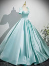 A-Line Puff Sleeves Satin Mint Blue Long Prom Dress, Mint Blue Long Formal Dress