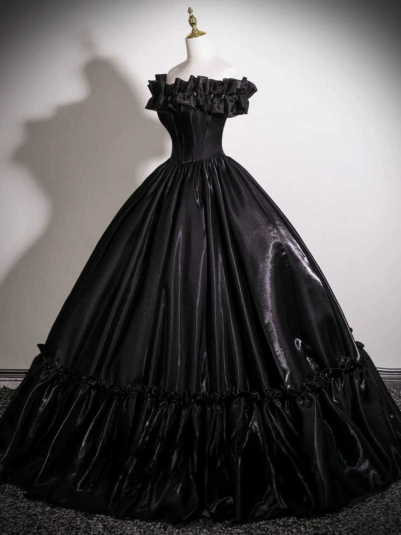black satin off shoulder dress A-Line Satin Long Prom Dress, Black Off the Shoulder Evening Party Dress US 16 / Black