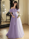 A-Line Off Shoulder Tulle Purple Long Prom Dress, Purple Long Formal Dress