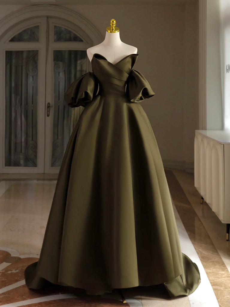 A-Line Puff Sleeves Olive Green Satin Long Prom Dress, Olive Green Long Formal Dress