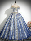 A-Line Tulle Sequin Lace Blue Long Prom Dress, Blue Long Evening Dress