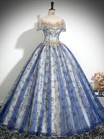 A-Line Tulle Sequin Lace Blue Long Prom Dress, Blue Long Evening Dress