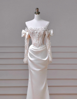 Mermaid Satin Lace ivory Long Formal Dress, ivory Evening Dress