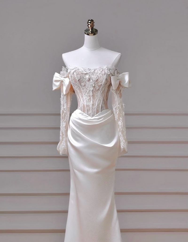 Mermaid Satin Lace ivory Long Formal Dress, ivory Evening Dress