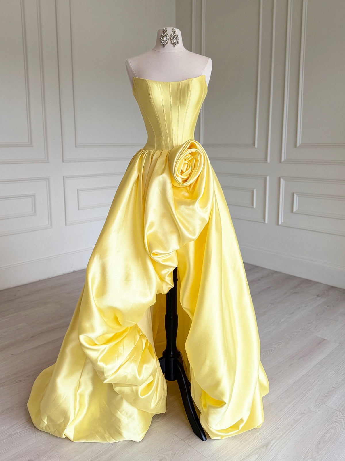 A-line Spoon Neck Satin Black Long Prom Dress, Black Formal Dress