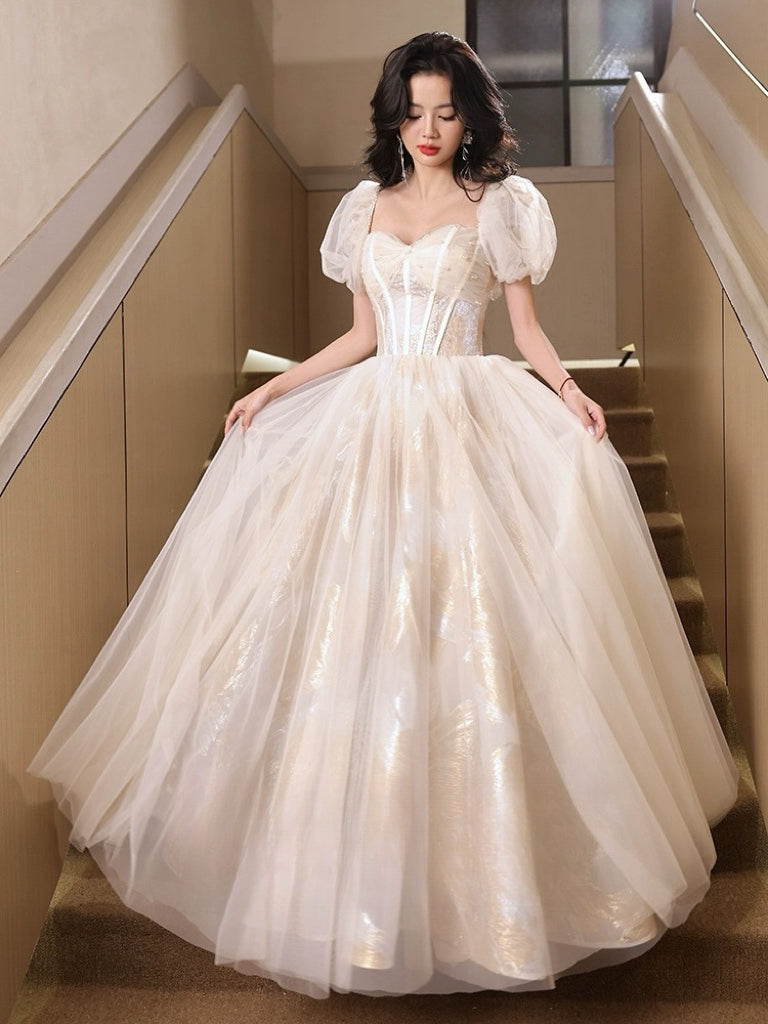 A-Line Puff Sleeves Tulle Lace Champagne Long Prom Dress