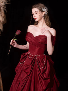 A-Line Off Shoulder Satin Burgundy Long Prom Dress, Burgundy Long Evening Dress