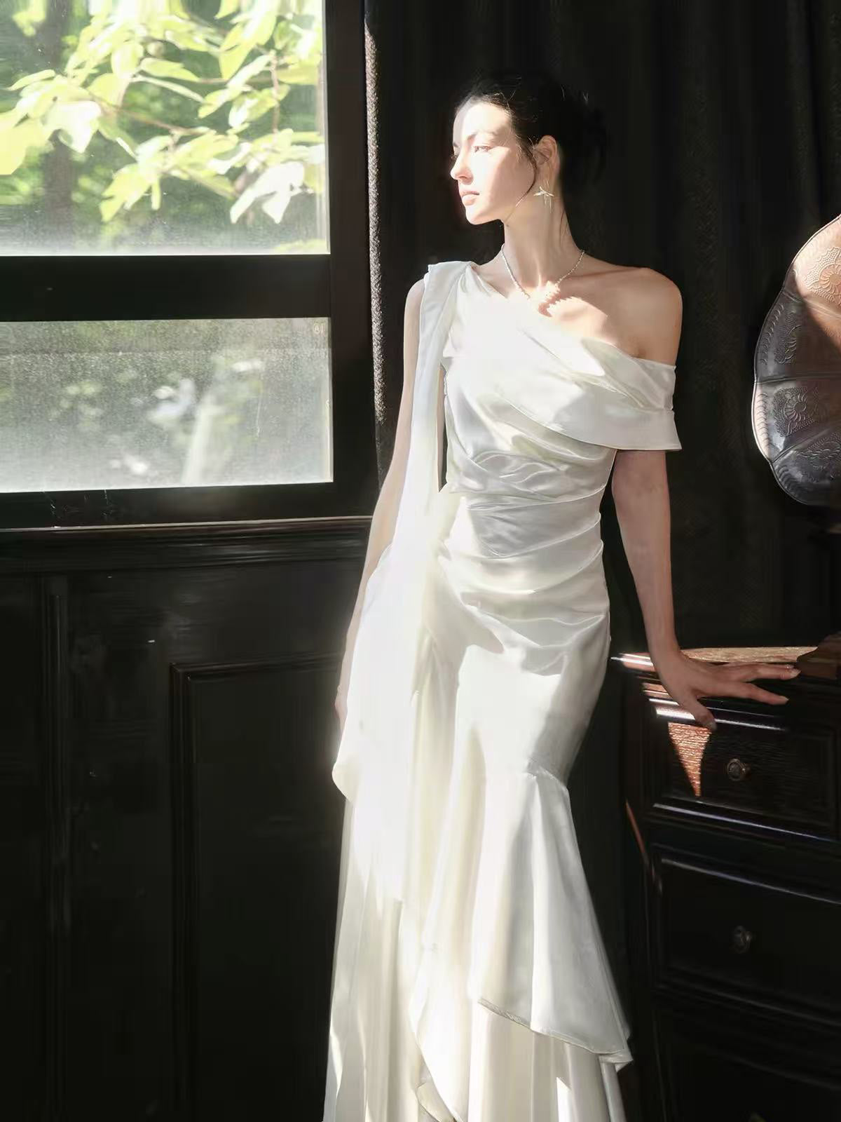 Simple One Shoulder ivory Satin Long Prom Dress with Cascading Ruffles