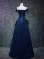 A-Line Off Shoulder Tulle Lace Dark Blue Long Prom Dress, Dark Blue Long Formal Dress