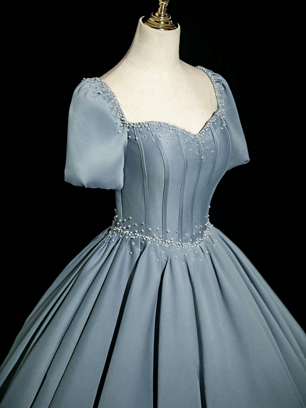 A-Line Sweetheart Neck Satin Gray Blue Long Prom Dress, Gray Blue Long Formal Dress