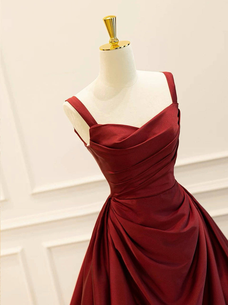 A-Line Satin Burgundy Long Prom Dress, Burgundy Long Evening Dress