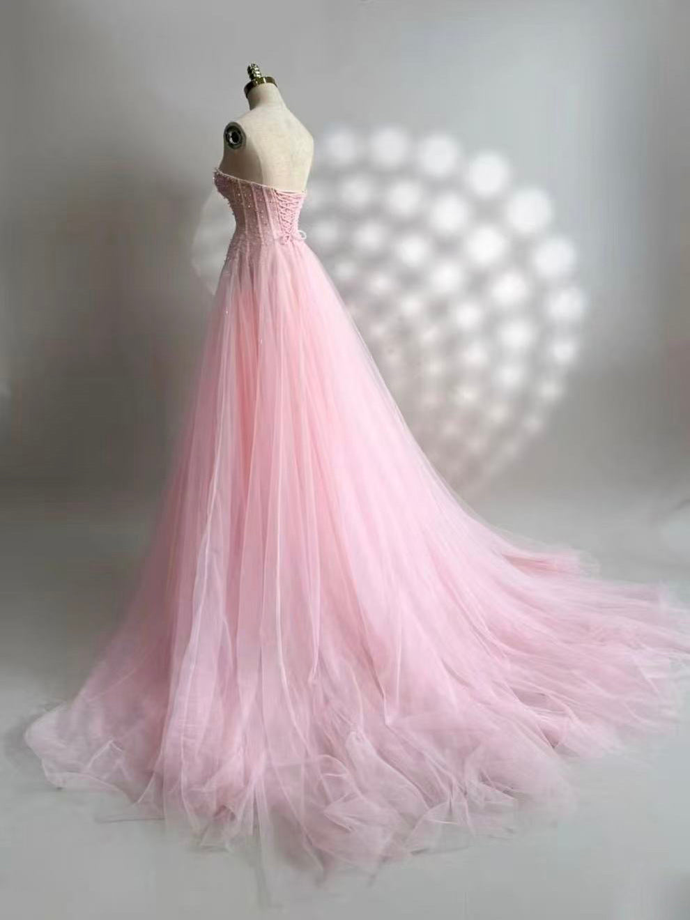 A-line Sweetheart Neck Tulle Sweep Train Pink Prom Dress with Beads