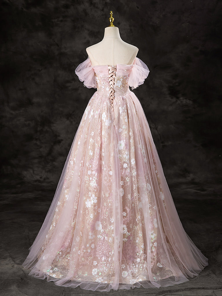 A-Line Off Shoulder Tulle Lace Pink Long Prom Dress, Lace Formal Dress