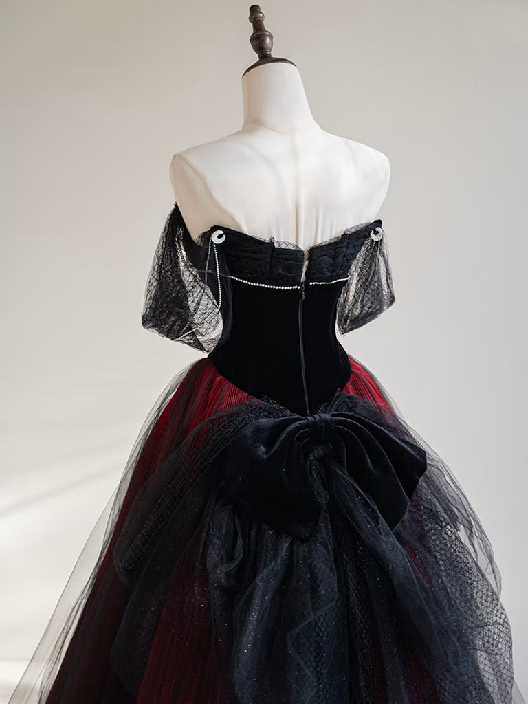 A-Line Off Shoulder Tulle Black/Burgundy Long Prom Dress US 12 / Black/Burgundy A-Line Off Shoulder Tulle Black/Burgundy Long Prom Dress US 12 / Black/Burgundy