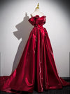 A-Line Off Shoulder Satin Burgundy Long Prom Dress, Burgundy Long Formal Dress