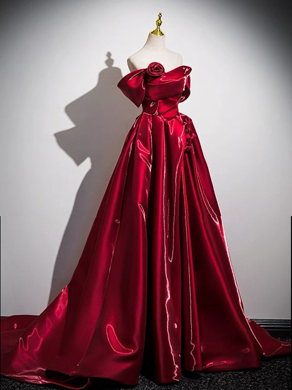 A-Line Off Shoulder Satin Burgundy Long Prom Dress, Burgundy Long Formal Dress