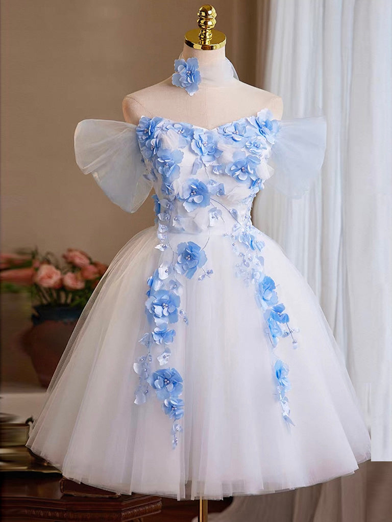 A-Line Tulle Flower White Short Prom Dress, White Homecoming Dress – shopluu