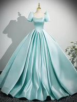 A-Line Puff Sleeves Satin Mint Blue Long Prom Dress, Mint Blue Long Formal Dress