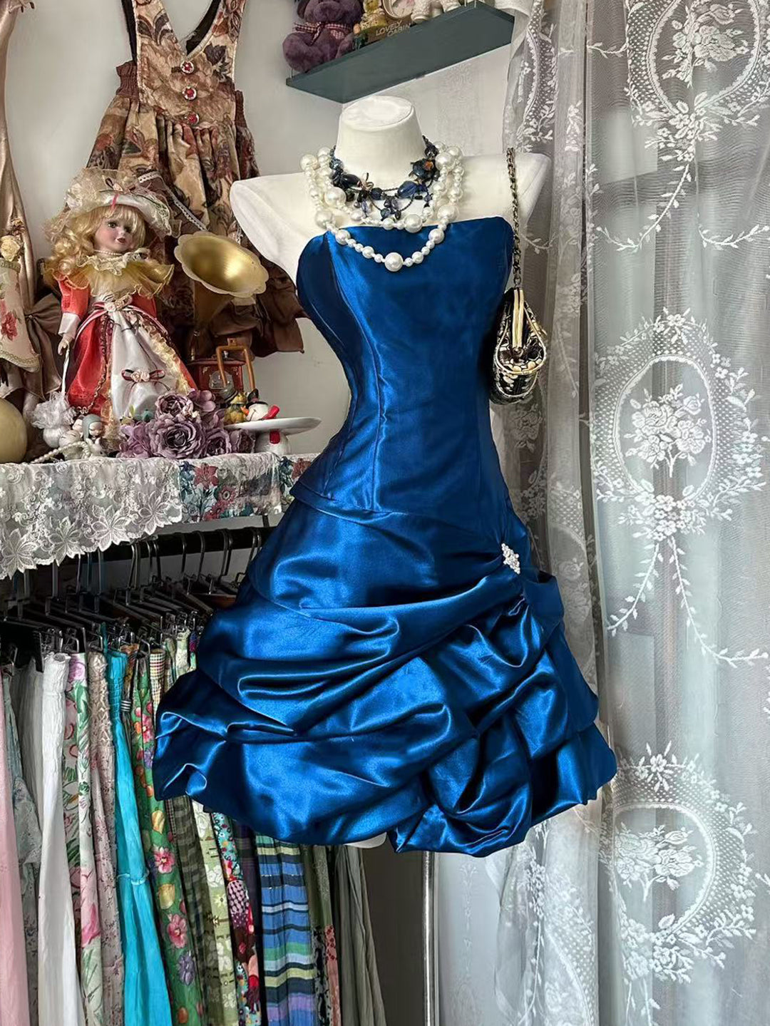 Mermaid Sweetheart Satin Sequin Dark Blue Long Prom Dress with Beads – shopluu