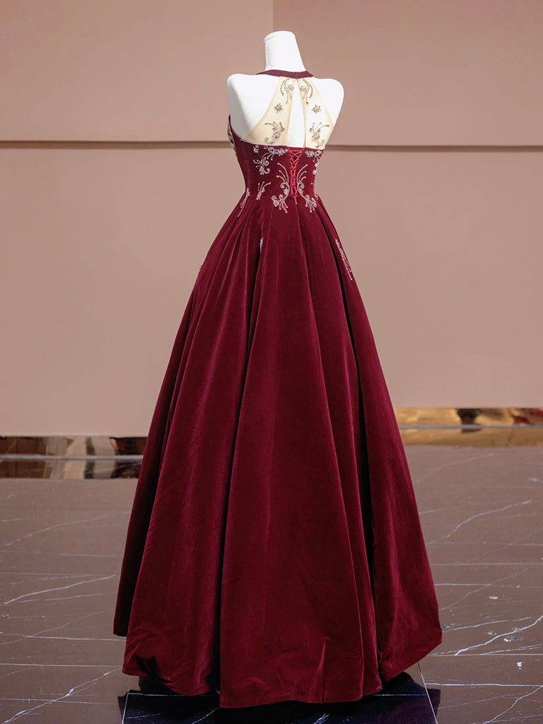 A-Line Velvet Beads Sequin Burgundy Long Prom Dress, Burgundy Long Formal Dress