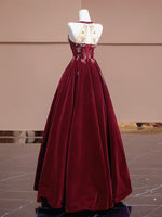 A-Line Velvet Beads Sequin Burgundy Long Prom Dress, Burgundy Long Formal Dress
