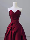 A-Line V Neck Satin Burgundy Long Prom Dress, Burgundy Long Formal Dress