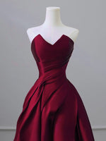 A-Line V Neck Satin Burgundy Long Prom Dress, Burgundy Long Formal Dress