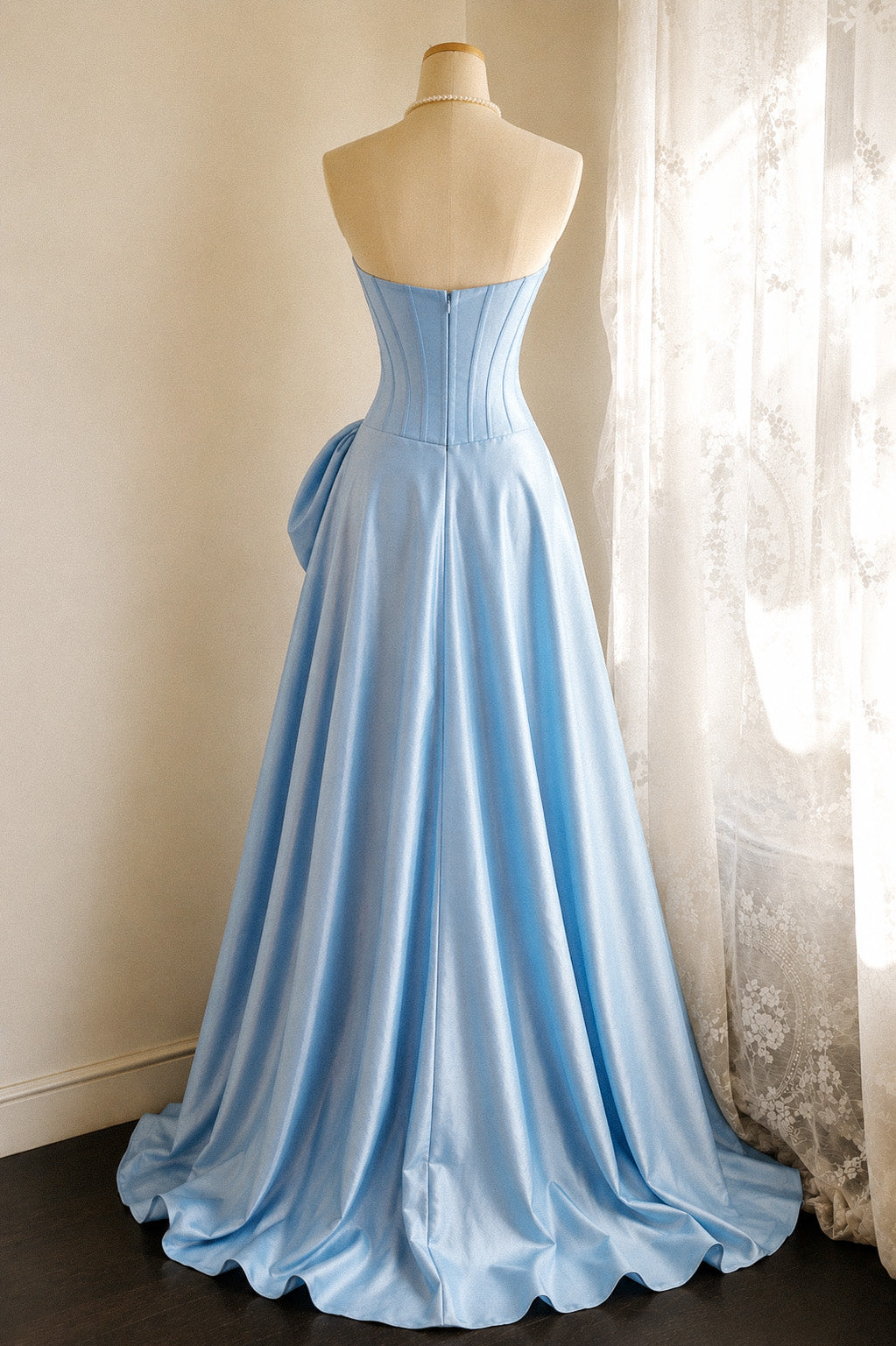 Elegant A-line Satin Floor Length Blue Prom Dress with Beads