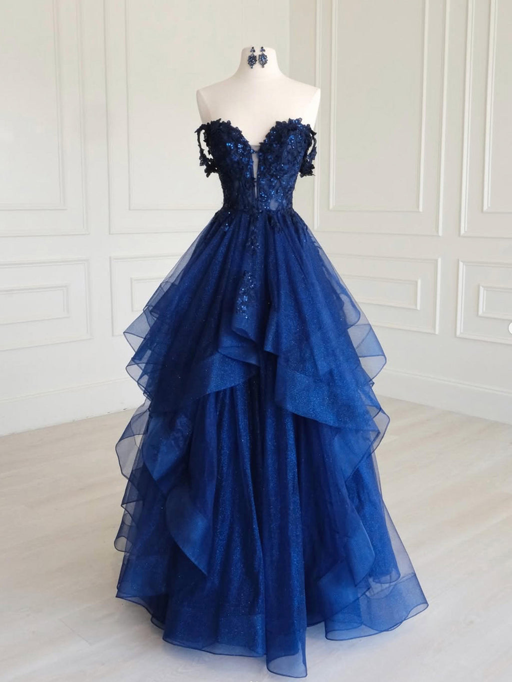 A-Line Off Shoulder Tulle Sequin Lace Blue Long Prom Dress – shopluu