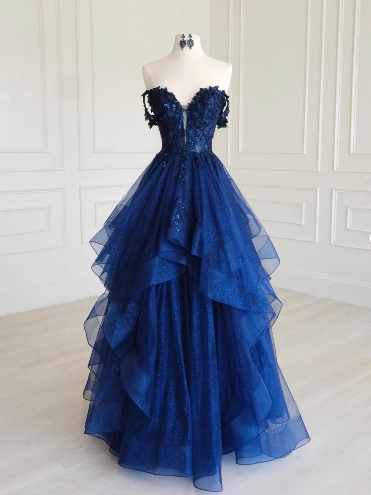 navy blue ruffle prom dress Halter A-Line Blue Satin Long Ruffled Prom Dress With Slit