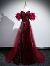 Mermaid Off Shoulder Sequin Burgundy Long Prom Dress, Burgundy Long Evening Dress