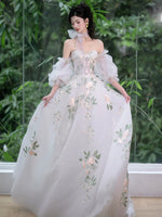 A-Line Sweetheart Neck Tulle Lace White Long Prom Dress, White Long Evening Dress