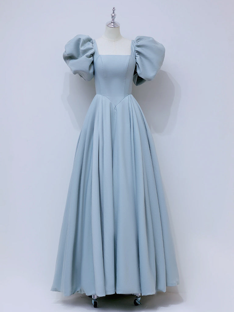 A-Line Puff sleeves Long Blue Prom Dress, Square Neckline Blue Long Formal Dress