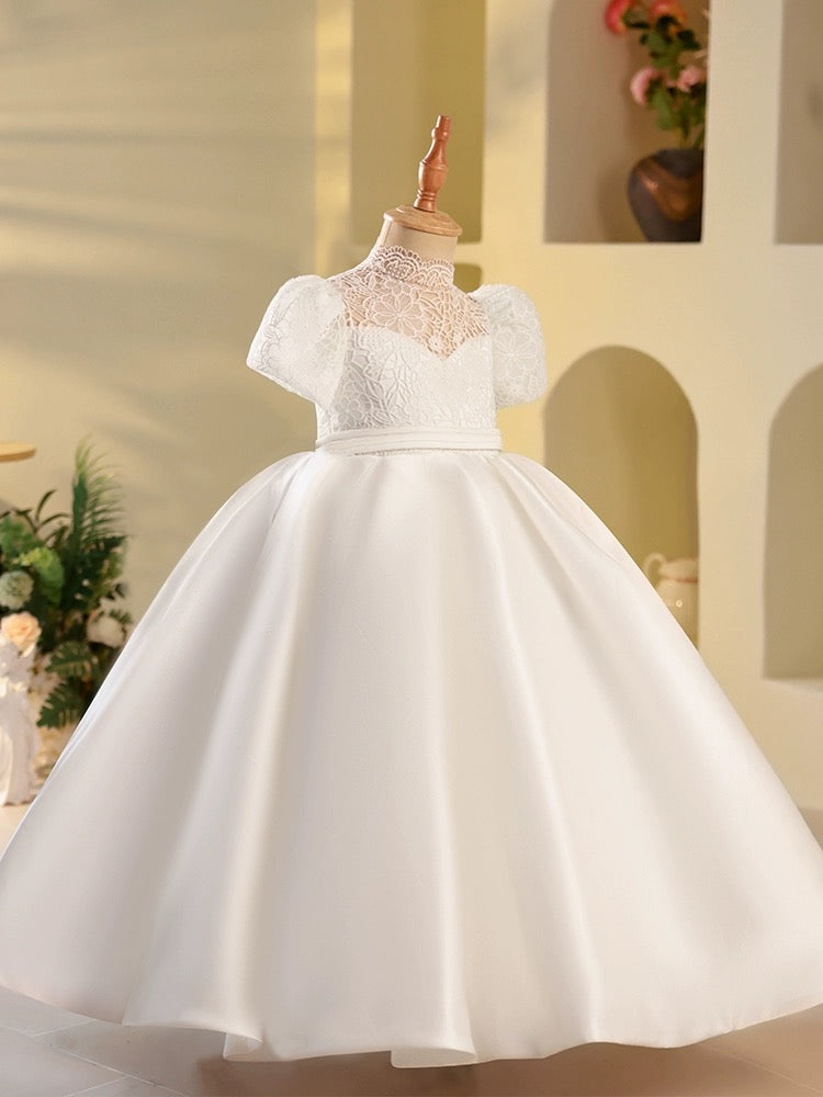 White High Neck Lace Satin Flower Girl Dress 9 / Custom Color White High Neck Lace Satin Flower Girl Dress 9 / Custom Color